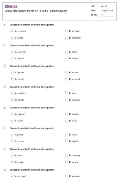 70 câu Trắc nghiệm chuyên đề 10 Unit 6 - Gender Equality