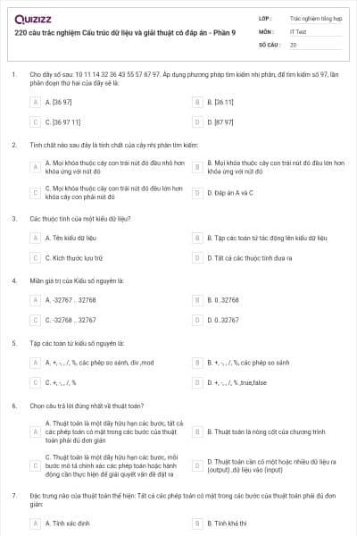 220 câu trắc nghiệm Cấu trúc dữ liệu và giải thuật có đáp án - Phần 9