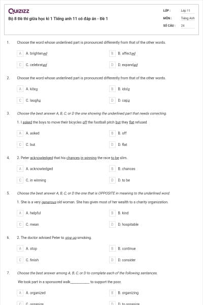 Bộ 8 Đề thi giữa học kì 1 Tiếng anh 11 có đáp án - Đề 1