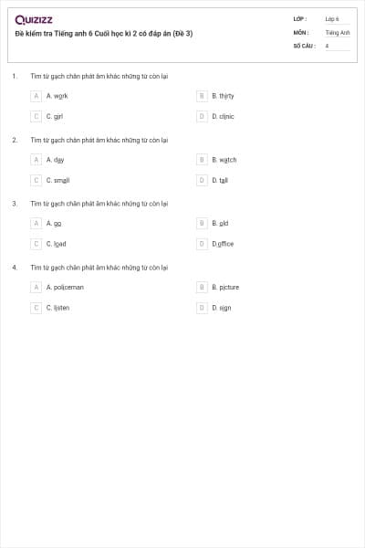 Đề kiểm tra Tiếng anh 6 Cuối học kì 2 có đáp án (Đề 3)