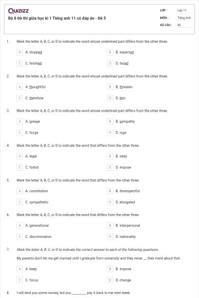 Bộ 8 Đề thi giữa học kì 1 Tiếng anh 11 có đáp án - Đề 5