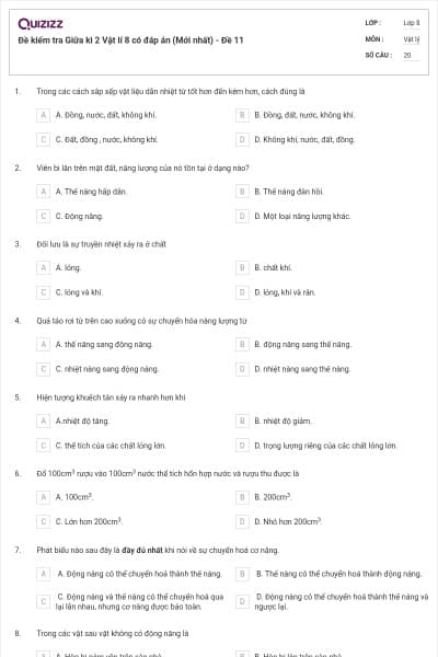 Đề kiểm tra Giữa kì 2 Vật lí 8 có đáp án (Mới nhất) - Đề 11