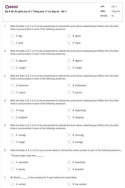 Bộ 8 Đề thi giữa học kì 1 Tiếng anh 11 có đáp án - Đề 7