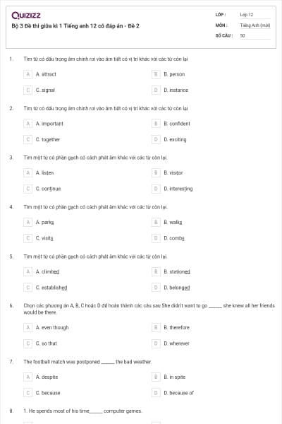 Bộ 3 Đề thi giữa kì 1 Tiếng anh 12 có đáp án - Đề 2