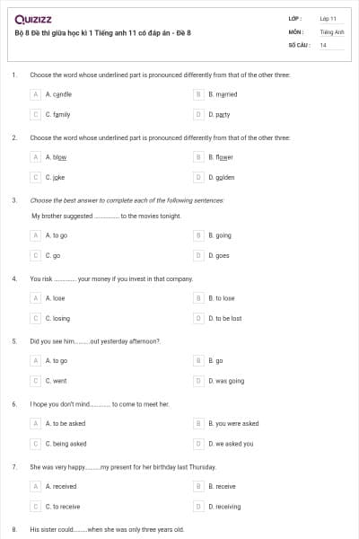 Bộ 8 Đề thi giữa học kì 1 Tiếng anh 11 có đáp án - Đề 8