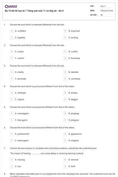 Bộ 15  Đề thi học kì 1 Tiếng anh mới 11 có đáp án - Đề 4