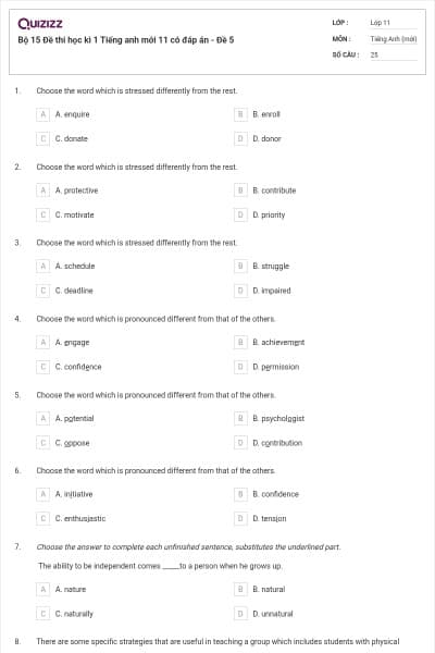 Bộ 15  Đề thi học kì 1 Tiếng anh mới 11 có đáp án - Đề 5
