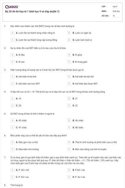 Bộ 20 đề thi Học kì 1 Sinh học 9 có đáp án(Đề 7)