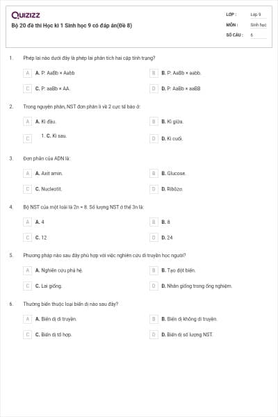 Bộ 20 đề thi Học kì 1 Sinh học 9 có đáp án(Đề 8)