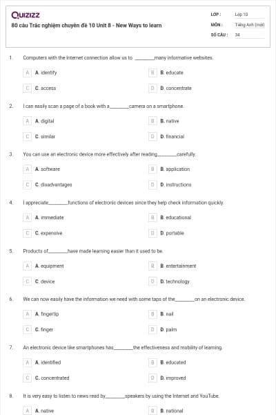 80 câu Trắc nghiệm chuyên đề 10 Unit 8 - New Ways to learn