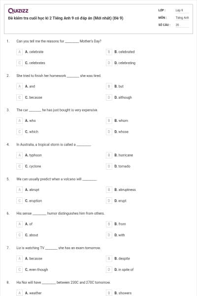 Đề kiểm tra cuối học kì 2 Tiếng Anh 9 có đáp án (Mới nhất) (Đề 9)