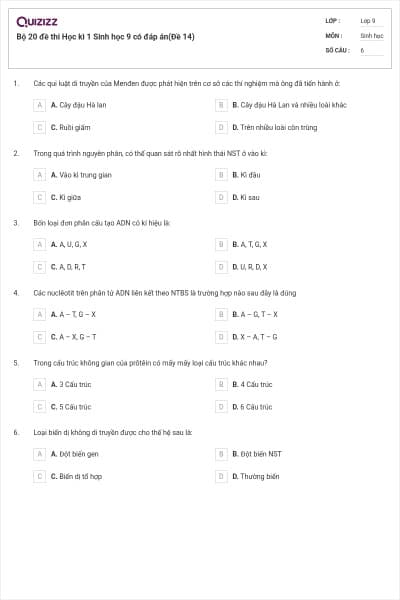 Bộ 20 đề thi Học kì 1 Sinh học 9 có đáp án(Đề 14)