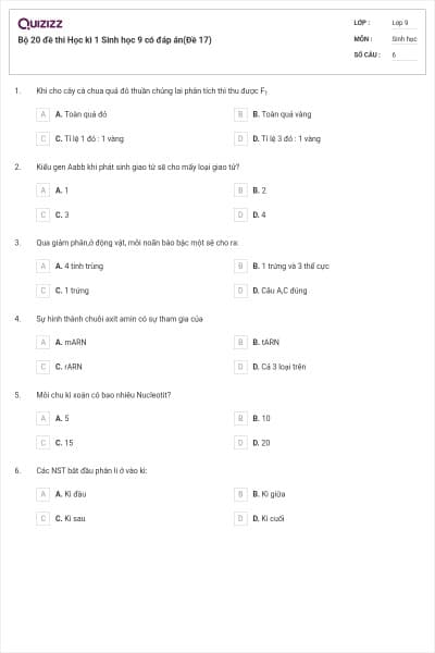 Bộ 20 đề thi Học kì 1 Sinh học 9 có đáp án(Đề 17)