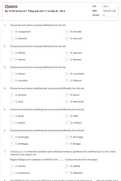 Bộ 15  Đề thi học kì 1 Tiếng anh mới 11 có đáp án - Đề 6