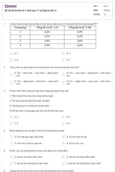 Bộ 20 đề thi Học kì 1 Sinh học 11 có đáp án (đề 1)
