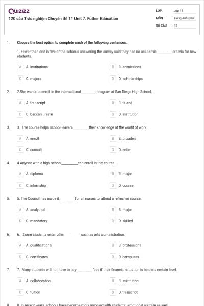 120 câu  Trắc nghiệm Chuyên đề 11 Unit 7. Futher Education