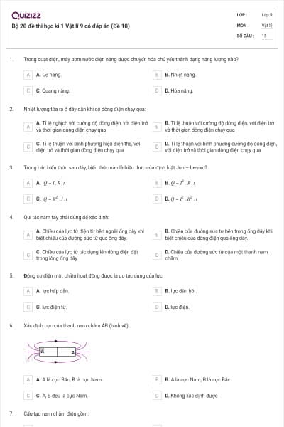 Bộ 20 đề thi học kì 1 Vật lí 9 có đáp án (Đề 10)