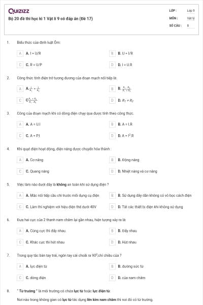 Bộ 20 đề thi học kì 1 Vật lí 9 có đáp án (Đề 17)