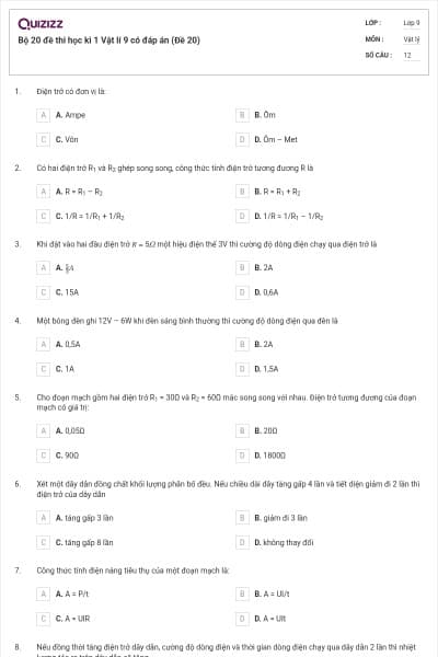 Bộ 20 đề thi học kì 1 Vật lí 9 có đáp án (Đề 20)