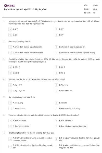 Bộ 16 đề thi Học kì 1 Vật lí 11 có đáp án_ đề 4