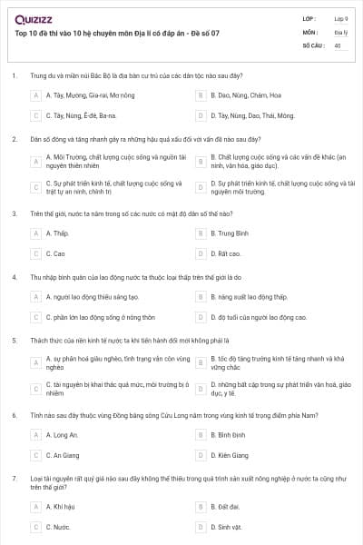 Top 10 đề thi vào 10 hệ chuyên môn Địa lí có đáp án - Đề số 07