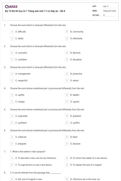 Bộ 15  Đề thi học kì 1 Tiếng anh mới 11 có đáp án - Đề 8