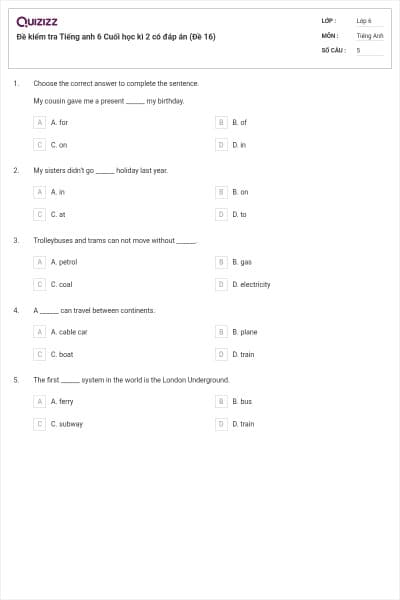 Đề kiểm tra Tiếng anh 6 Cuối học kì 2 có đáp án (Đề 16)