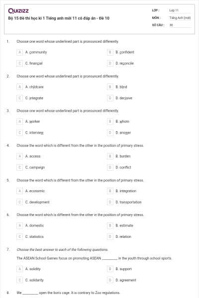 Bộ 15  Đề thi học kì 1 Tiếng anh mới 11 có đáp án - Đề 10