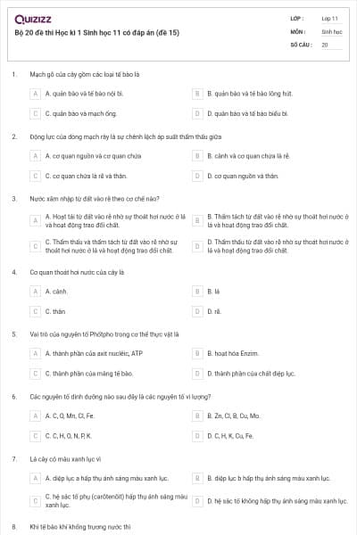 Bộ 20 đề thi Học kì 1 Sinh học 11 có đáp án (đề 15)
