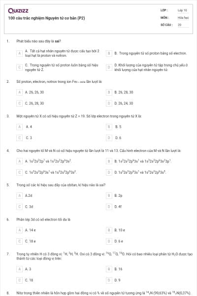 100 câu trắc nghiệm Nguyên tử cơ bản (P2)