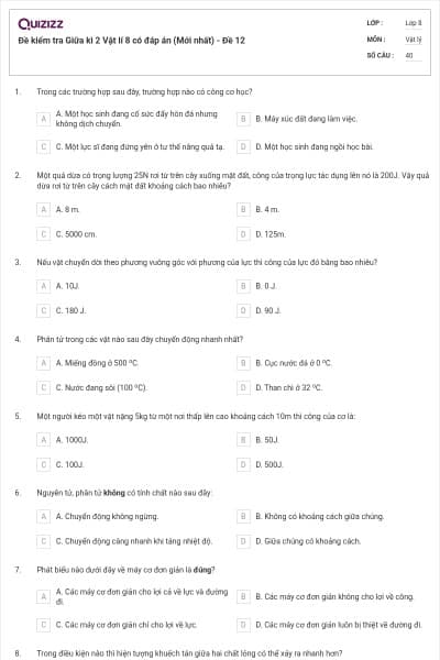Đề kiểm tra Giữa kì 2 Vật lí 8 có đáp án (Mới nhất) - Đề 12
