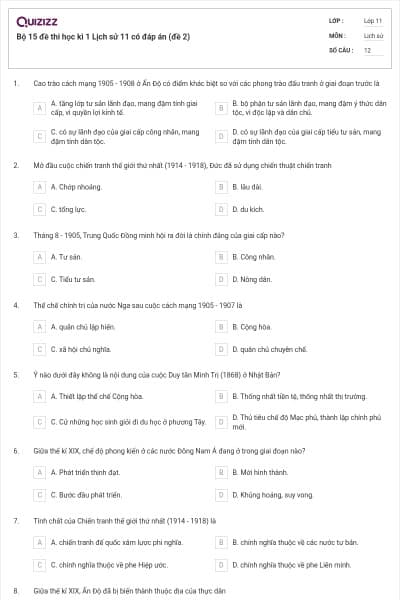 Bộ 15 đề thi học kì 1 Lịch sử 11 có đáp án (đề 2)