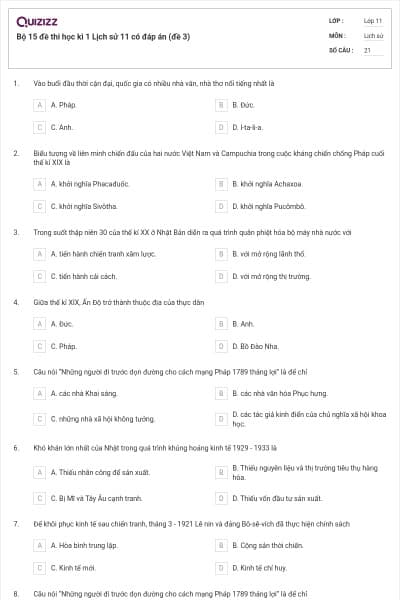 Bộ 15 đề thi học kì 1 Lịch sử 11 có đáp án (đề 3)