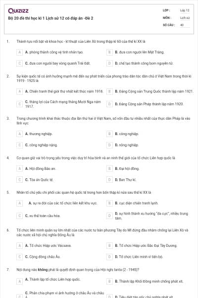 Bộ 20 đề thi học kì 1 Lịch sử 12 có đáp án -Đề 2