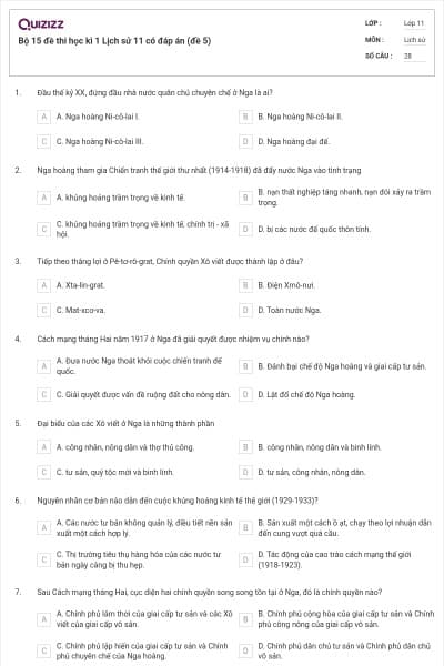 Bộ 15 đề thi học kì 1 Lịch sử 11 có đáp án (đề 5)