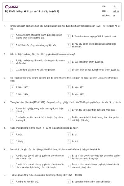 Bộ 15 đề thi học kì 1 Lịch sử 11 có đáp án (đề 9)