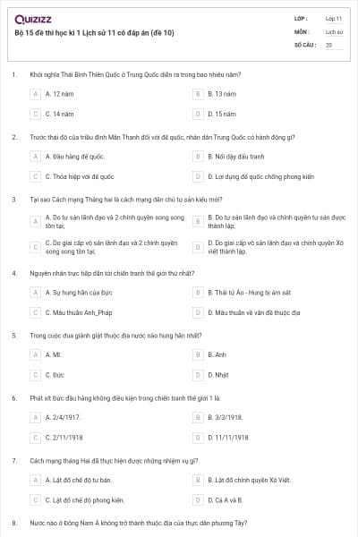 Bộ 15 đề thi học kì 1 Lịch sử 11 có đáp án (đề 10)