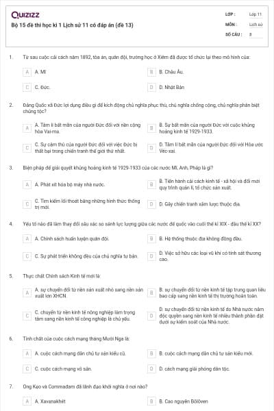 Bộ 15 đề thi học kì 1 Lịch sử 11 có đáp án (đề 13)