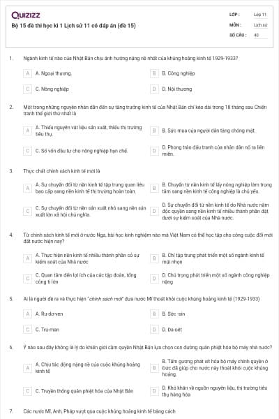 Bộ 15 đề thi học kì 1 Lịch sử 11 có đáp án (đề 15)