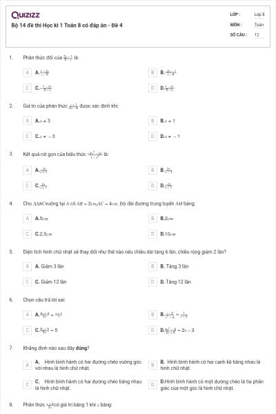 Bộ 14 đề thi Học kì 1 Toán 8 có đáp án - Đề 4