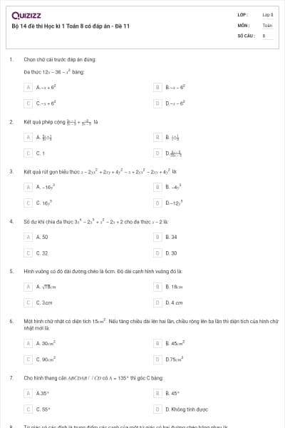 Bộ 14 đề thi Học kì 1 Toán 8 có đáp án - Đề 11