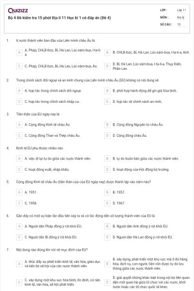 Bộ 4 Đề kiểm tra 15 phút Địa lí 11 Học kì 1 có đáp án (Đề 4)