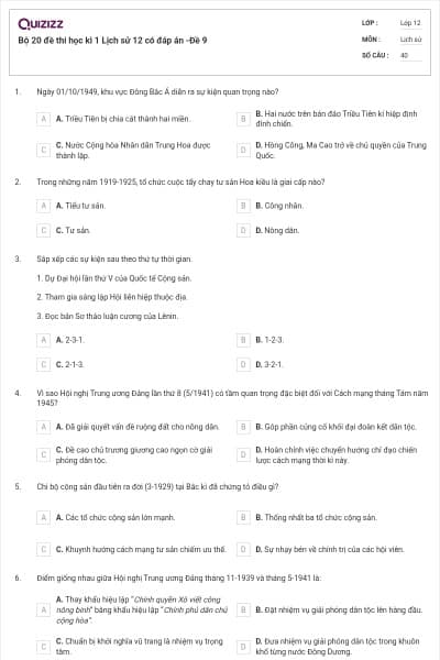 Bộ 20 đề thi học kì 1 Lịch sử 12 có đáp án -Đề 9