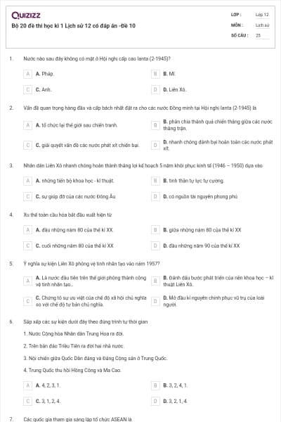 Bộ 20 đề thi học kì 1 Lịch sử 12 có đáp án -Đề 10