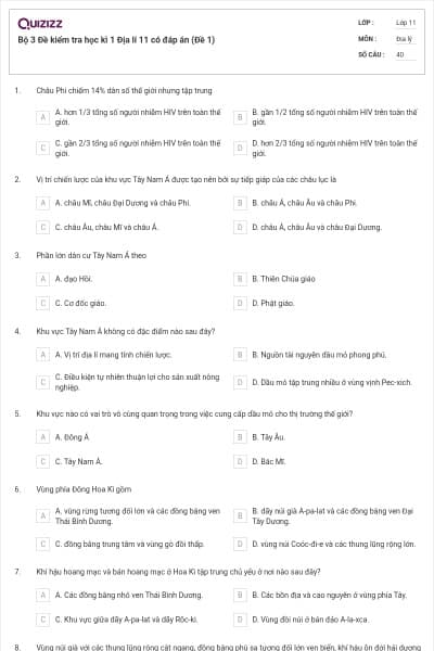 Bộ 3  Đề kiểm tra học kì 1 Địa lí 11 có đáp án (Đề 1)