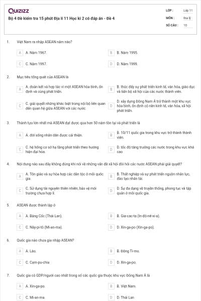 Bộ 4 Đề kiểm tra 15 phút Địa lí 11 Học kì 2 có đáp án - Đề  4