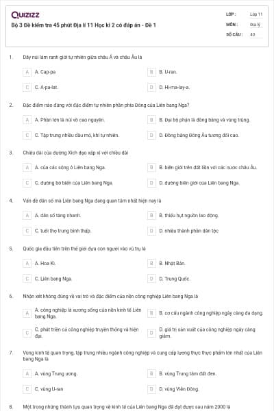 Bộ 3   Đề kiểm tra 45 phút Địa lí 11 Học kì 2 có đáp án - Đề 1
