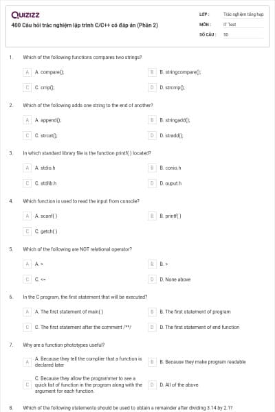 400 Câu hỏi trắc nghiệm lập trình C/C++ có đáp án (Phần 2)