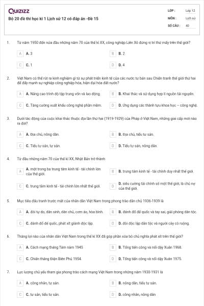Bộ 20 đề thi học kì 1 Lịch sử 12 có đáp án -Đề 15