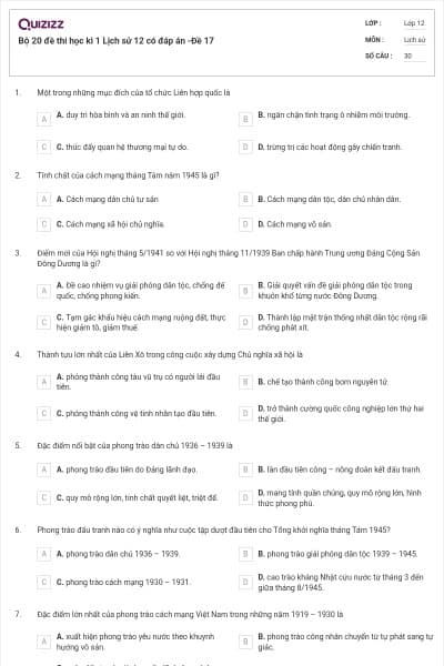 Bộ 20 đề thi học kì 1 Lịch sử 12 có đáp án -Đề 17